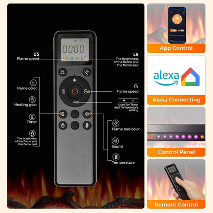R.W.FLAME C4 Series 36" Black Recessed Wall-Mounted Alexa/WiFi Enabled Smart Electric Fireplace