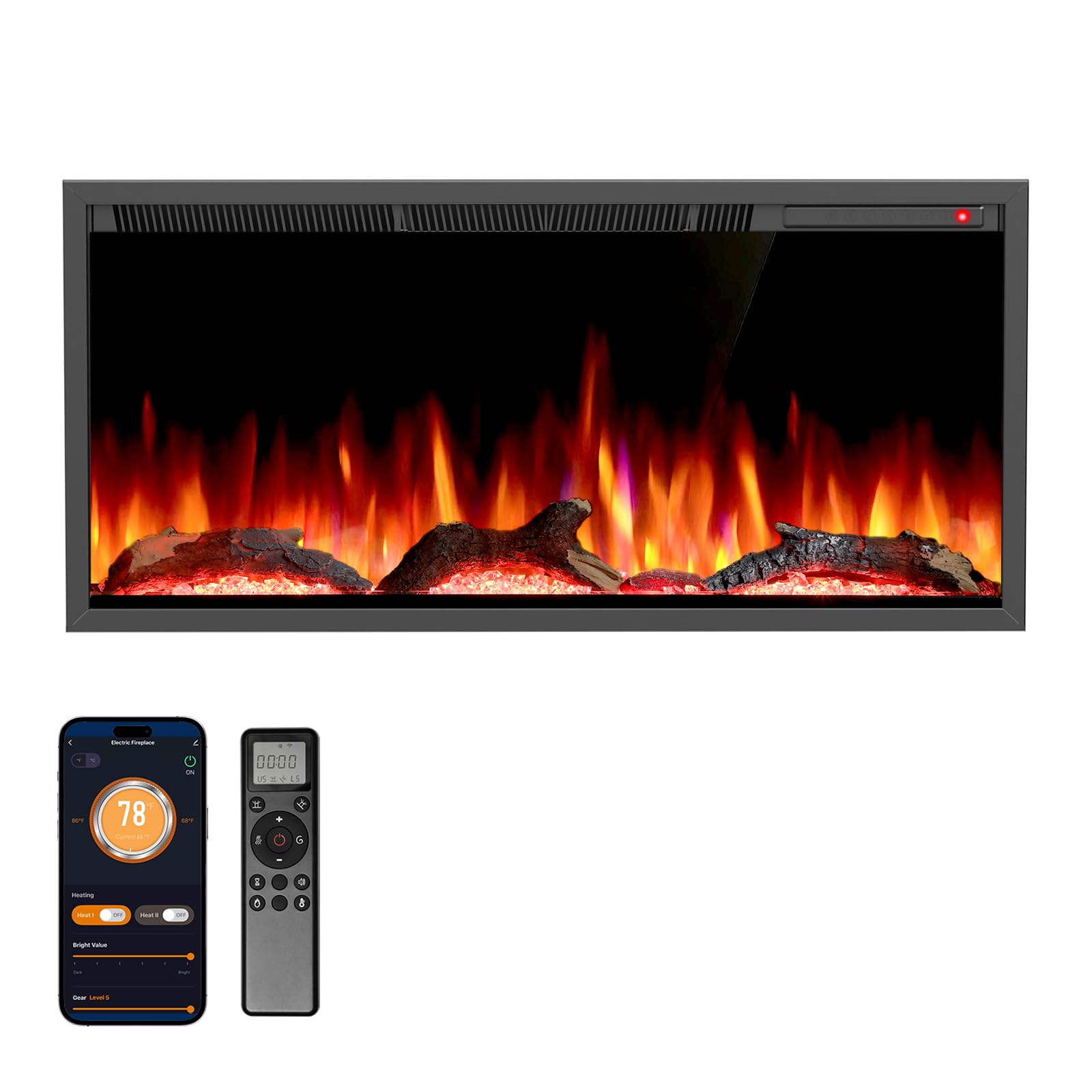 R.W.FLAME C4 Series 36" Black Recessed Wall-Mounted Alexa/WiFi Enabled Smart Electric Fireplace