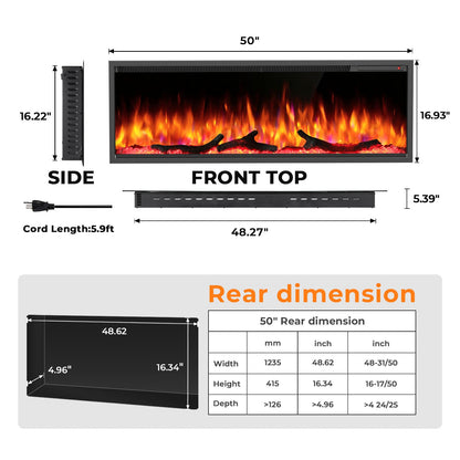 R.W.FLAME C4 Series 50" Black Recessed Wall-Mounted Alexa/WiFi Enabled Smart Electric Fireplace