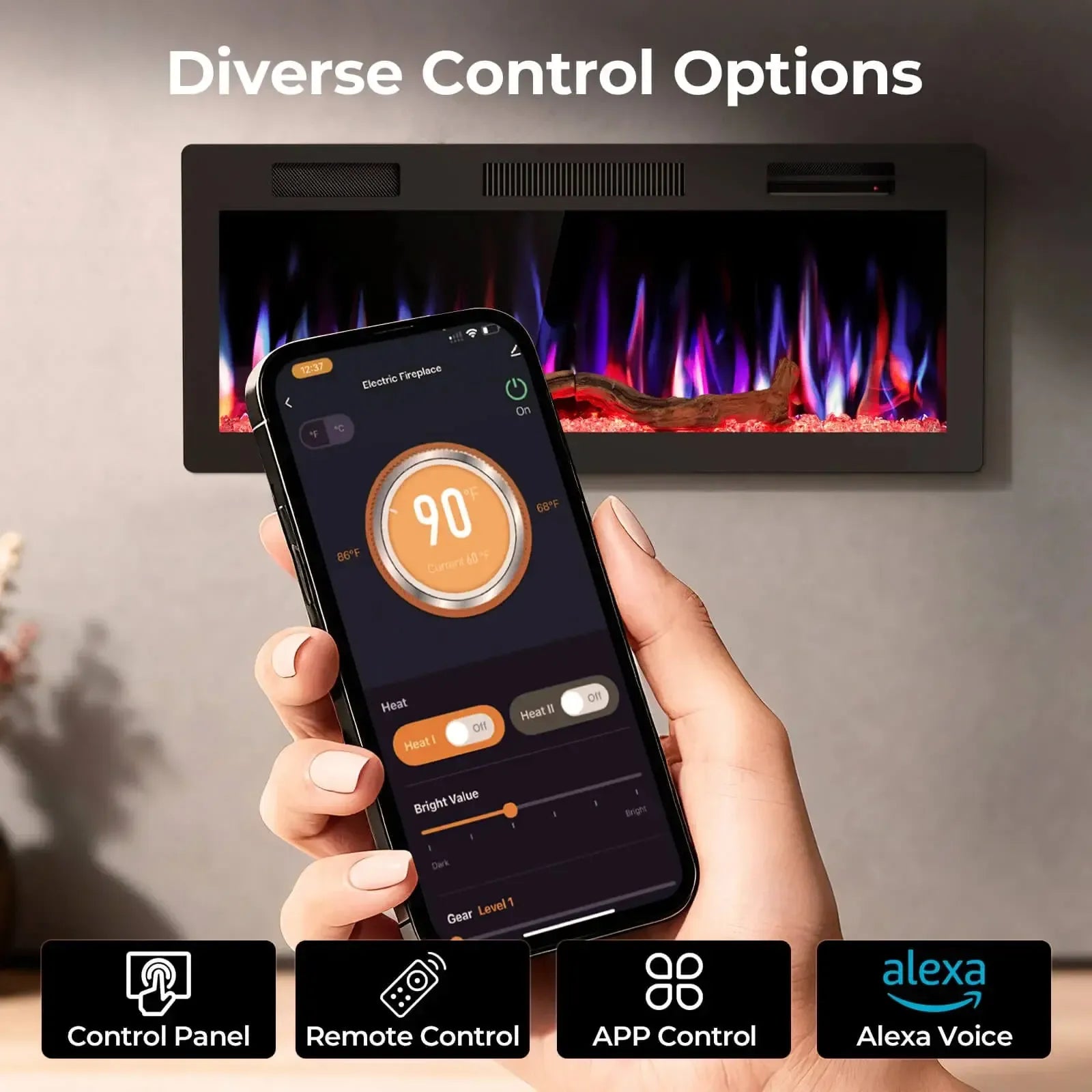 R.W.FLAME C6 Series 42" Black Recessed Wall-Mounted Alexa/WiFi Enabled APP Control Smart Electric Fireplace