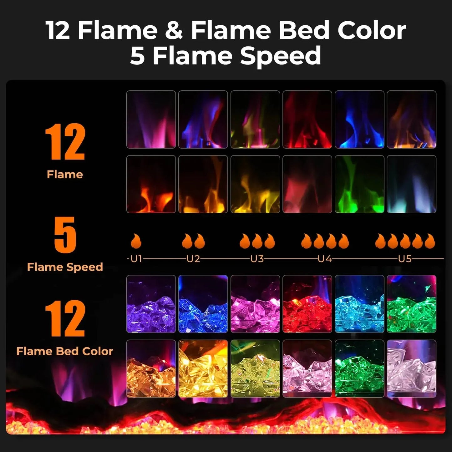 R.W.FLAME C6 Series 42" Black Recessed Wall-Mounted Alexa/WiFi Enabled APP Control Smart Electric Fireplace