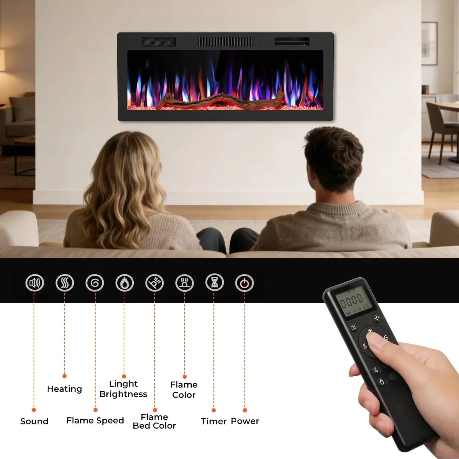 R.W.FLAME C6 Series 42" Black Recessed Wall-Mounted Alexa/WiFi Enabled APP Control Smart Electric Fireplace