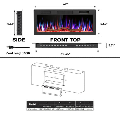 R.W.FLAME C6 Series 42" Black Recessed Wall-Mounted Alexa/WiFi Enabled APP Control Smart Electric Fireplace