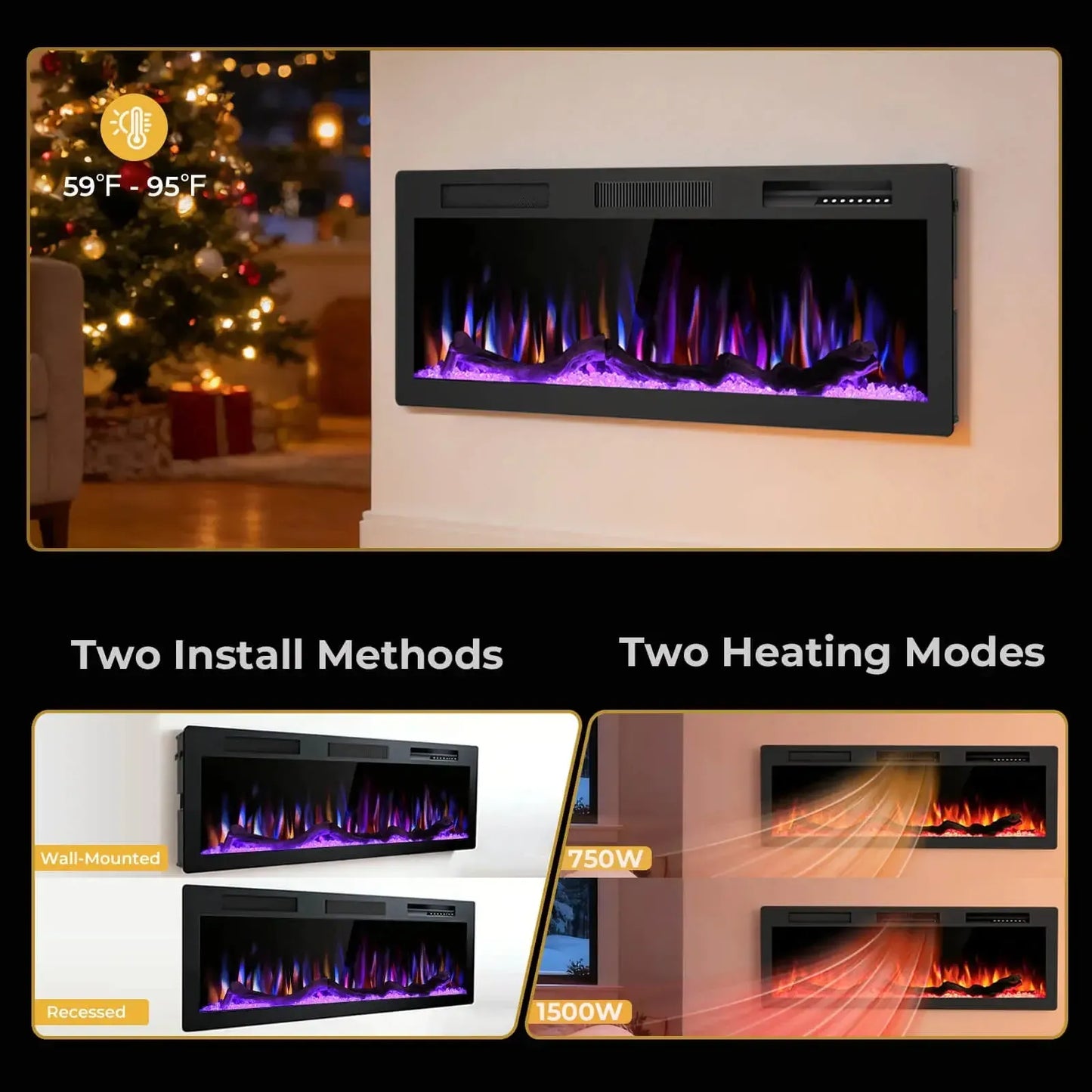 R.W.FLAME C6 Series 50" Black Recessed Wall-Mounted Alexa/WiFi Enabled APP Control Smart Electric Fireplace