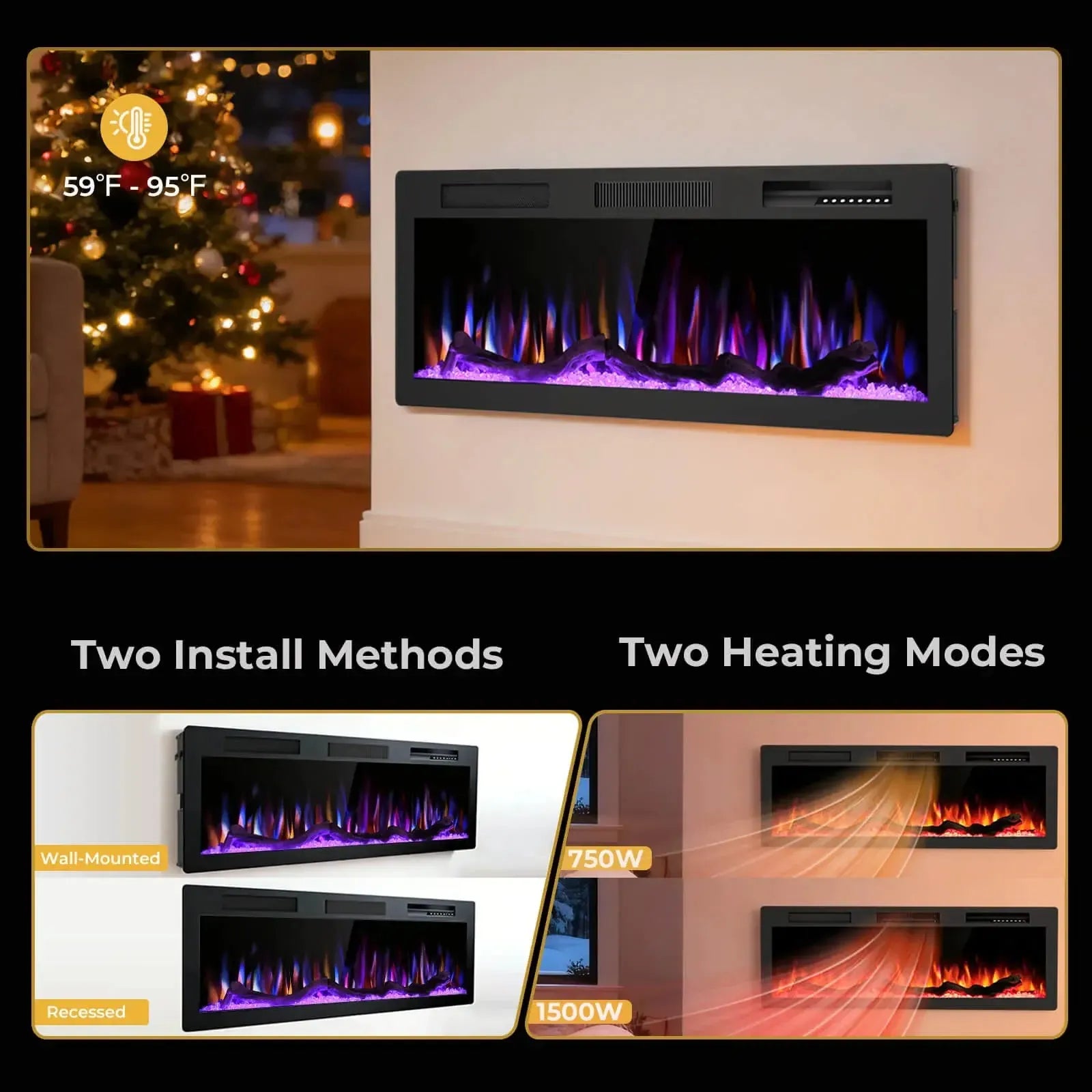 R.W.FLAME C6 Series 50" Black Recessed Wall-Mounted Alexa/WiFi Enabled APP Control Smart Electric Fireplace