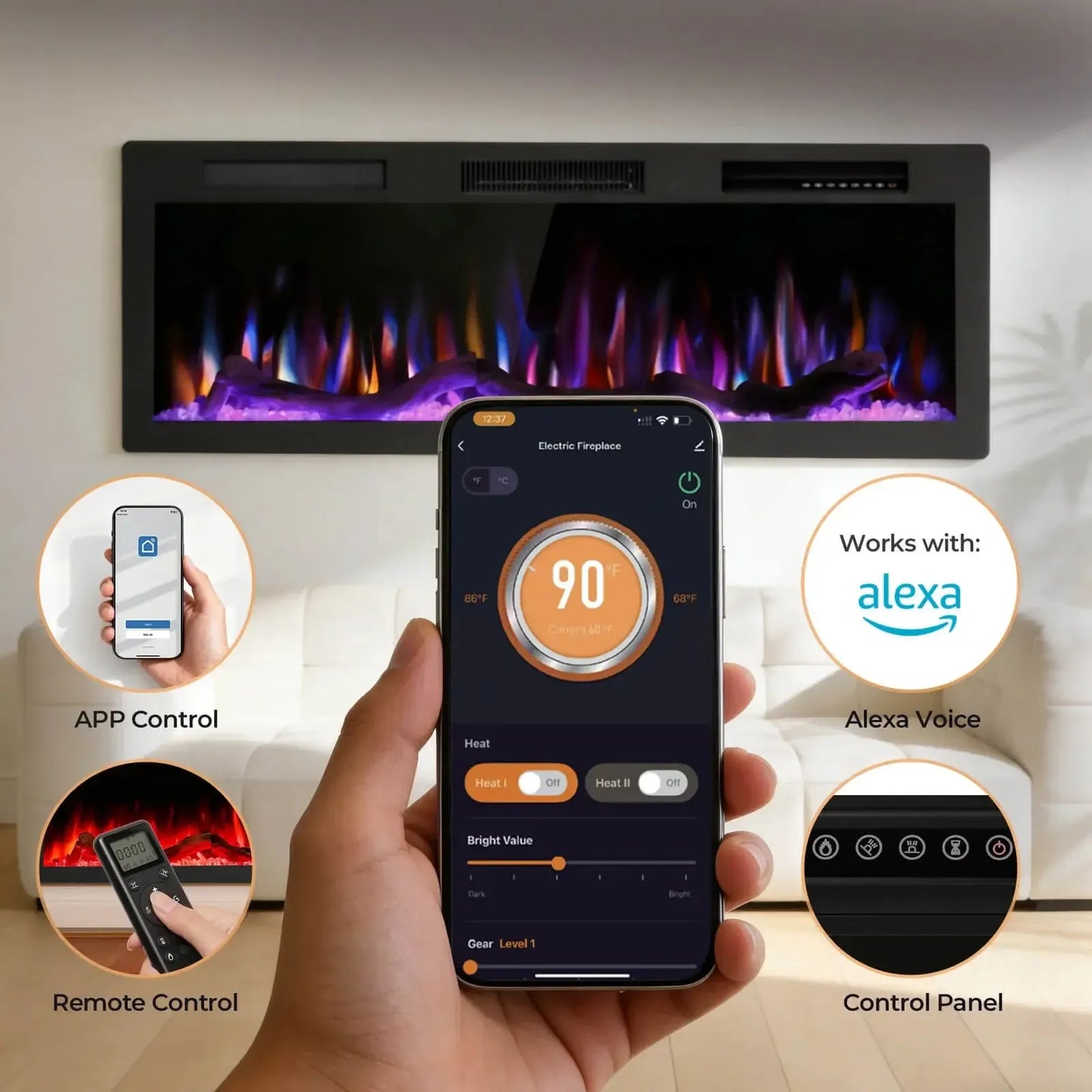 R.W.FLAME C6 Series 50" Black Recessed Wall-Mounted Alexa/WiFi Enabled APP Control Smart Electric Fireplace