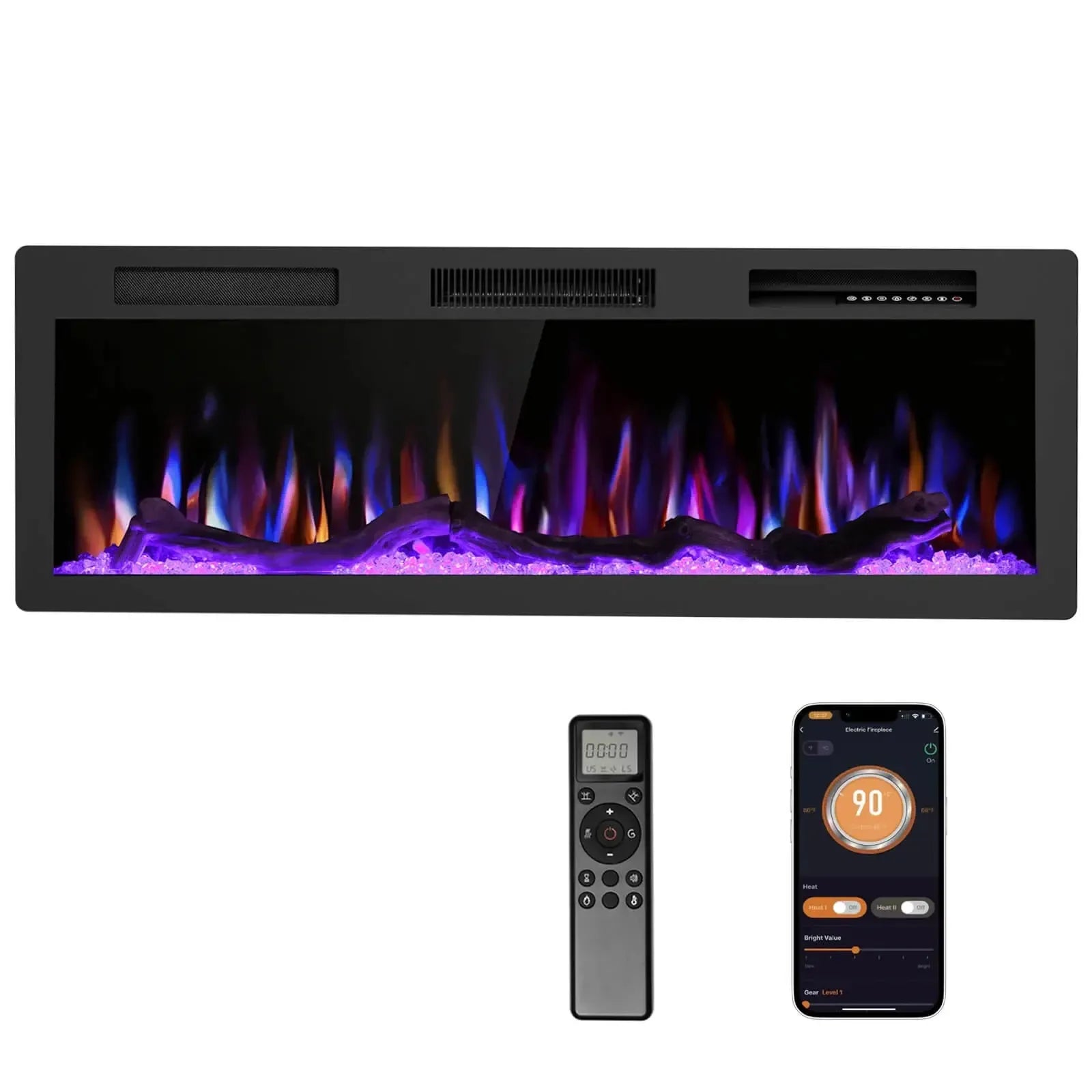 R.W.FLAME C6 Series 50" Black Recessed Wall-Mounted Alexa/WiFi Enabled APP Control Smart Electric Fireplace