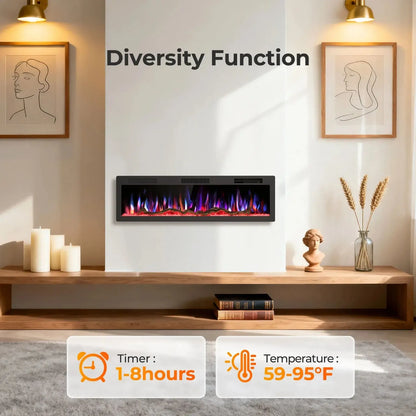 R.W.FLAME C6 Series 60" Black Recessed Wall-Mounted Alexa/WiFi Enabled APP Control Smart Electric Fireplace