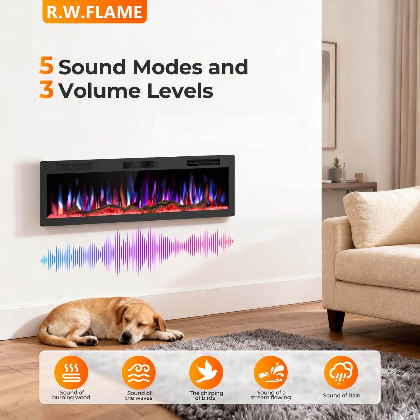 R.W.FLAME C6 Series 60" Black Recessed Wall-Mounted Alexa/WiFi Enabled APP Control Smart Electric Fireplace