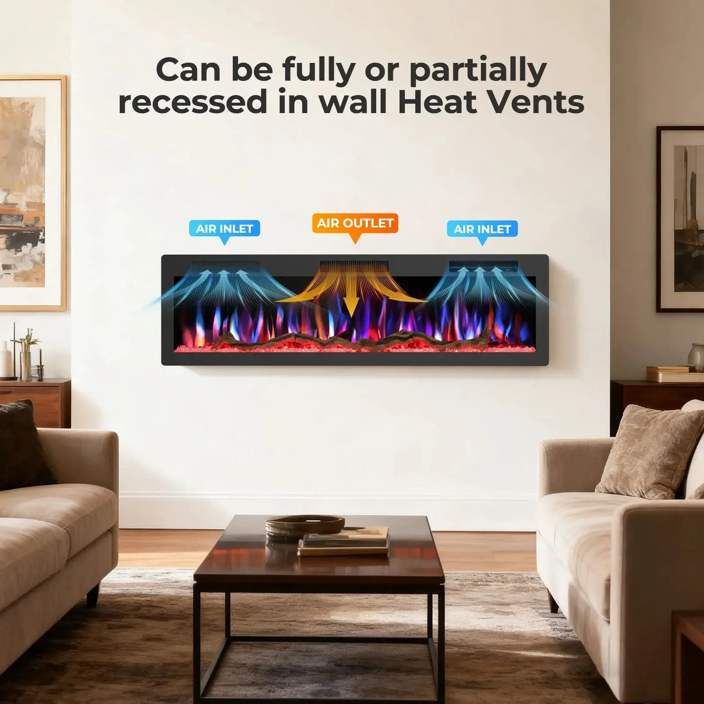 R.W.FLAME C6 Series 60" Black Recessed Wall-Mounted Alexa/WiFi Enabled APP Control Smart Electric Fireplace