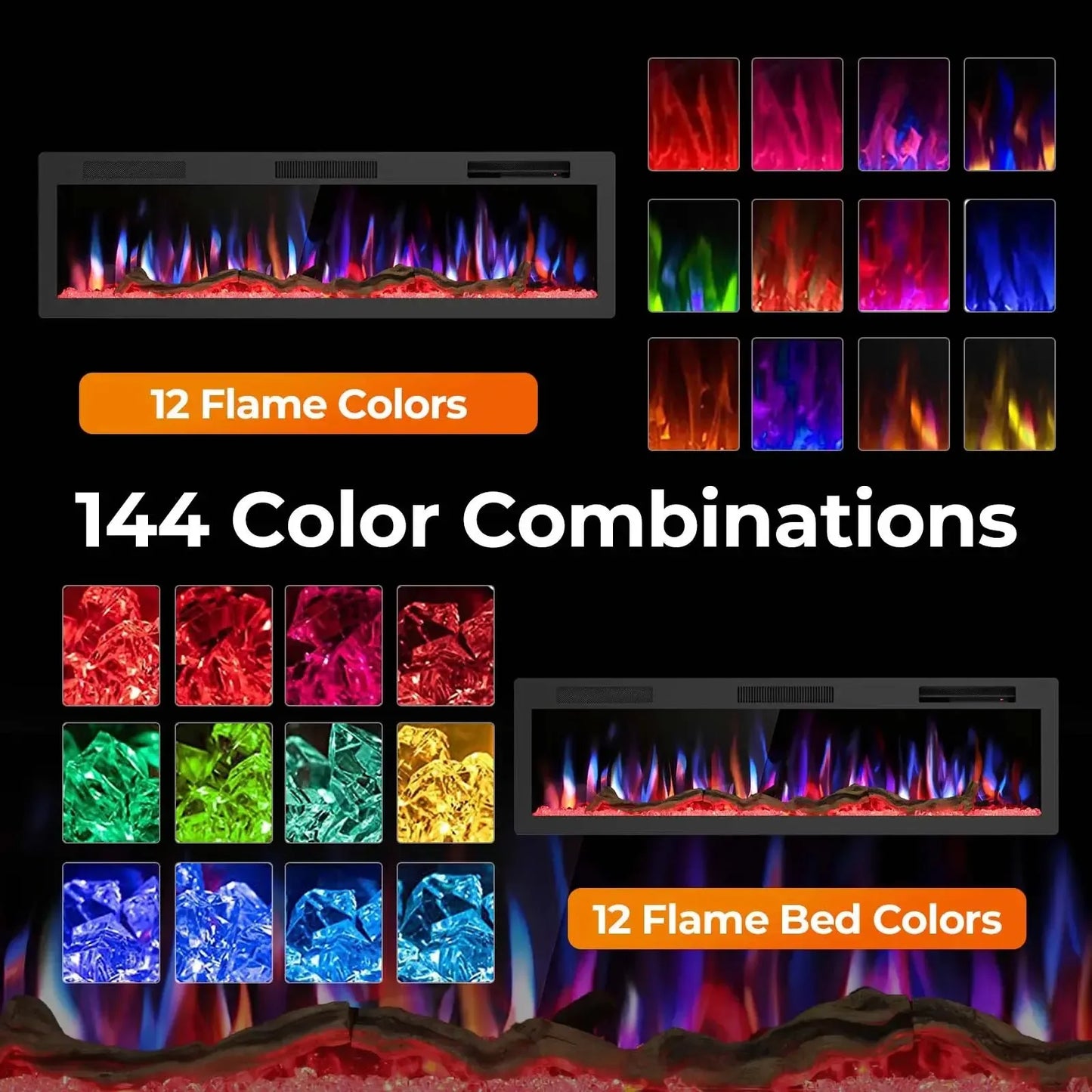 R.W.FLAME C6 Series 60" Black Recessed Wall-Mounted Alexa/WiFi Enabled APP Control Smart Electric Fireplace