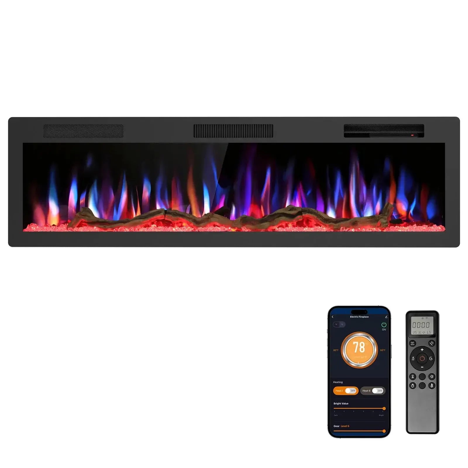 R.W.FLAME C6 Series 60" Black Recessed Wall-Mounted Alexa/WiFi Enabled APP Control Smart Electric Fireplace