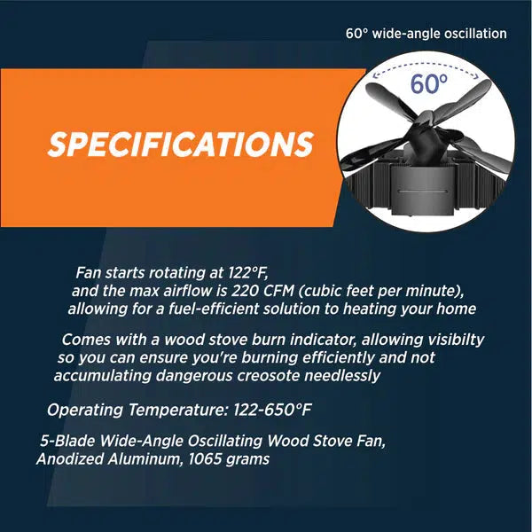 Rutland 220 CFM 5-Blade Heat-Powered Oscillating Wood Stove Fan