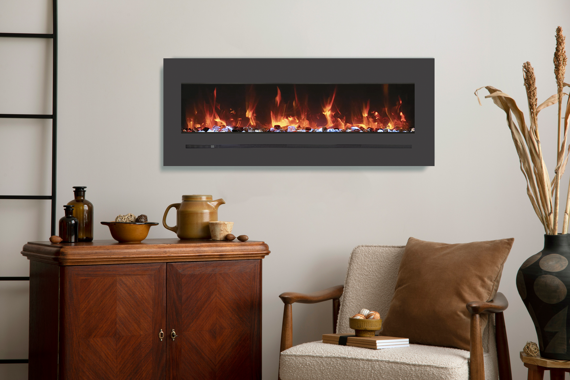 Sierra Flame by Amantii Wall Mount/Flush Mount 88" Electric Fireplace With Deep Charcoal Colored Steel Surround and Glass Media