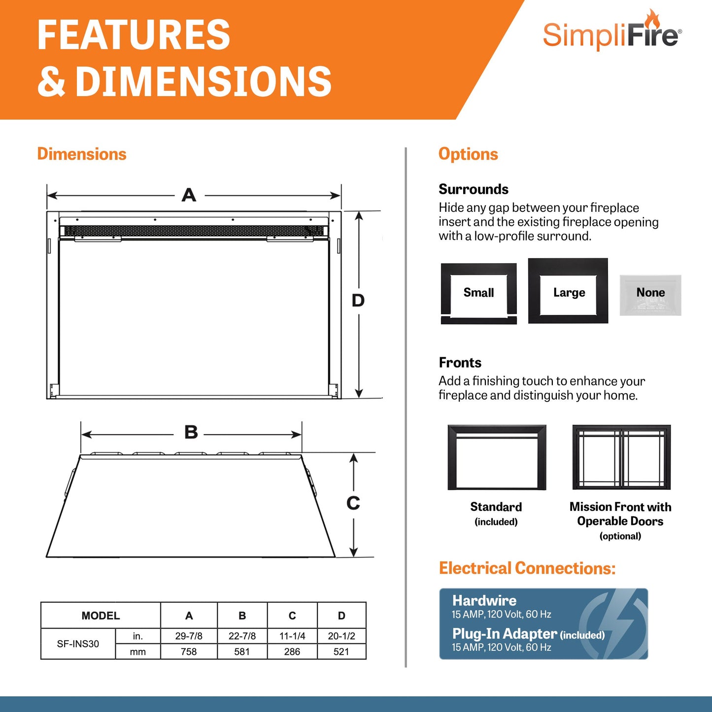 SimpliFire 30" Traditional Electric Built-In Fireplace Insert