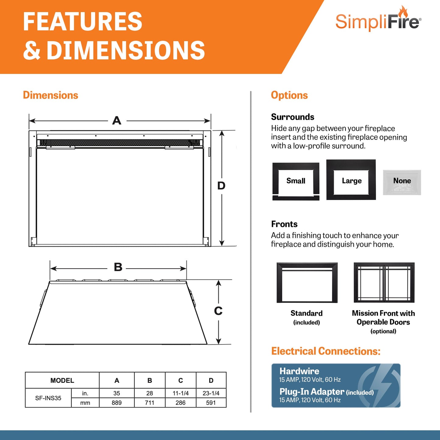 SimpliFire 35" Traditional Electric Built-In Fireplace Insert