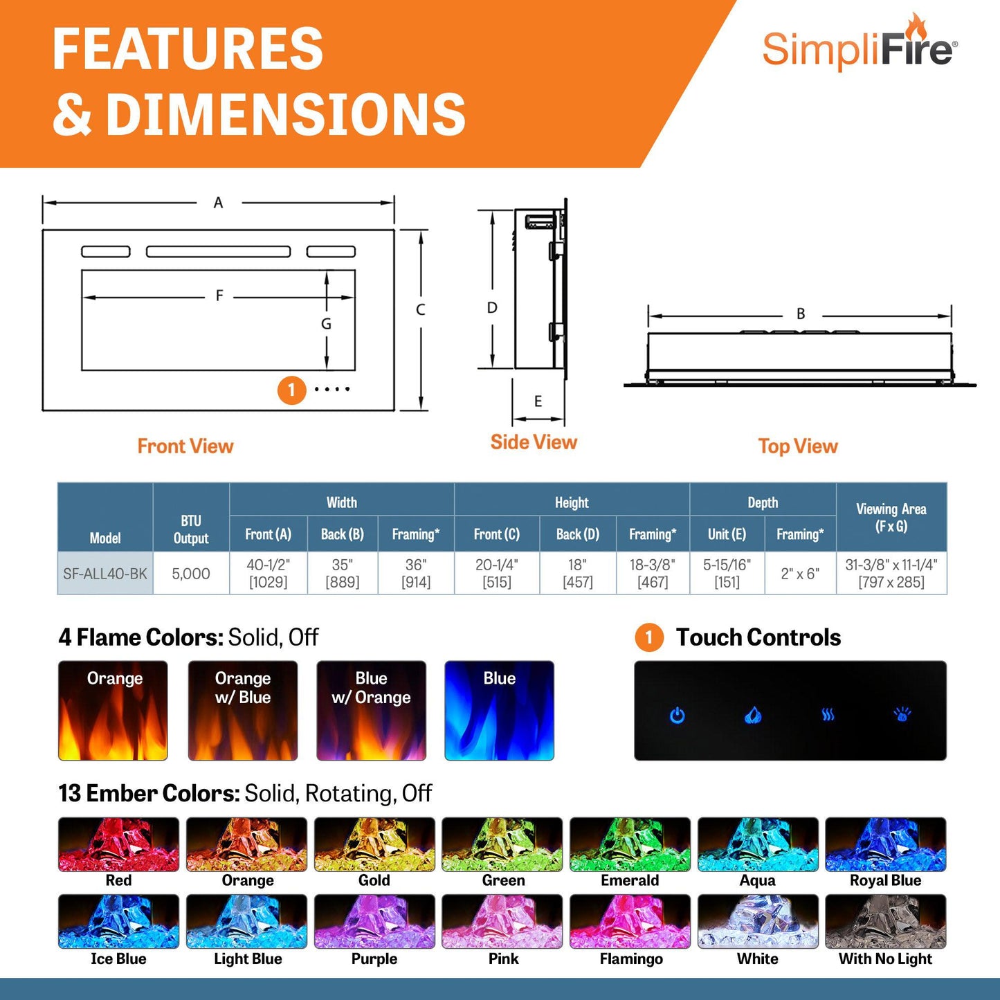 SimpliFire Allusion 40" Linear Electric Recessed Fireplace
