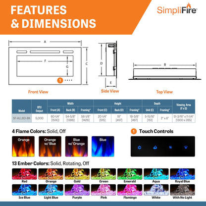 SimpliFire Allusion 60" Linear Electric Recessed Fireplace