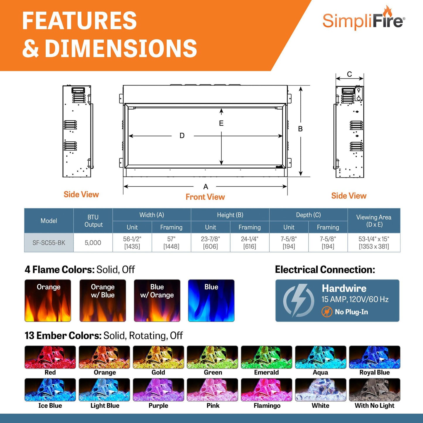 SimpliFire Scion 55" Linear Electric Built-In Fireplace