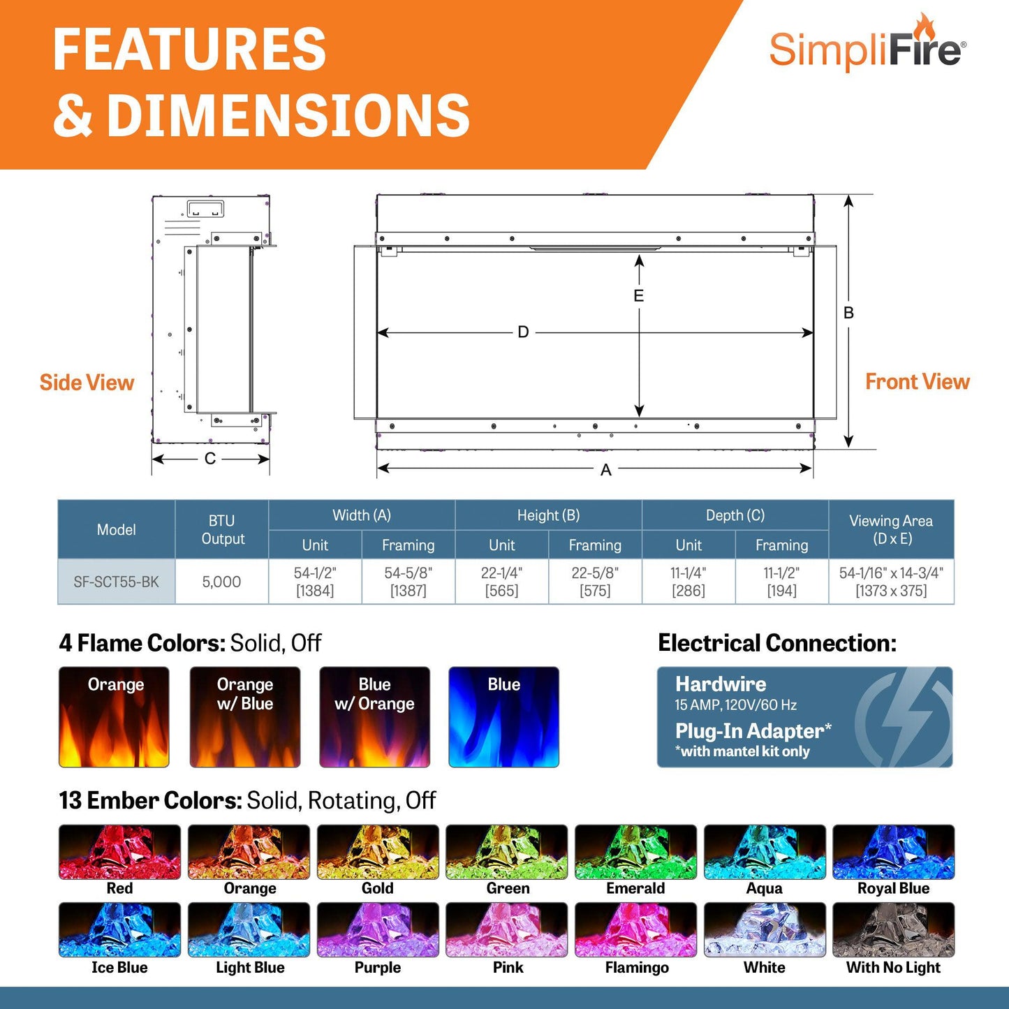 SimpliFire Scion Trinity 55" 3-Sided Linear Electric Built-In Fireplace