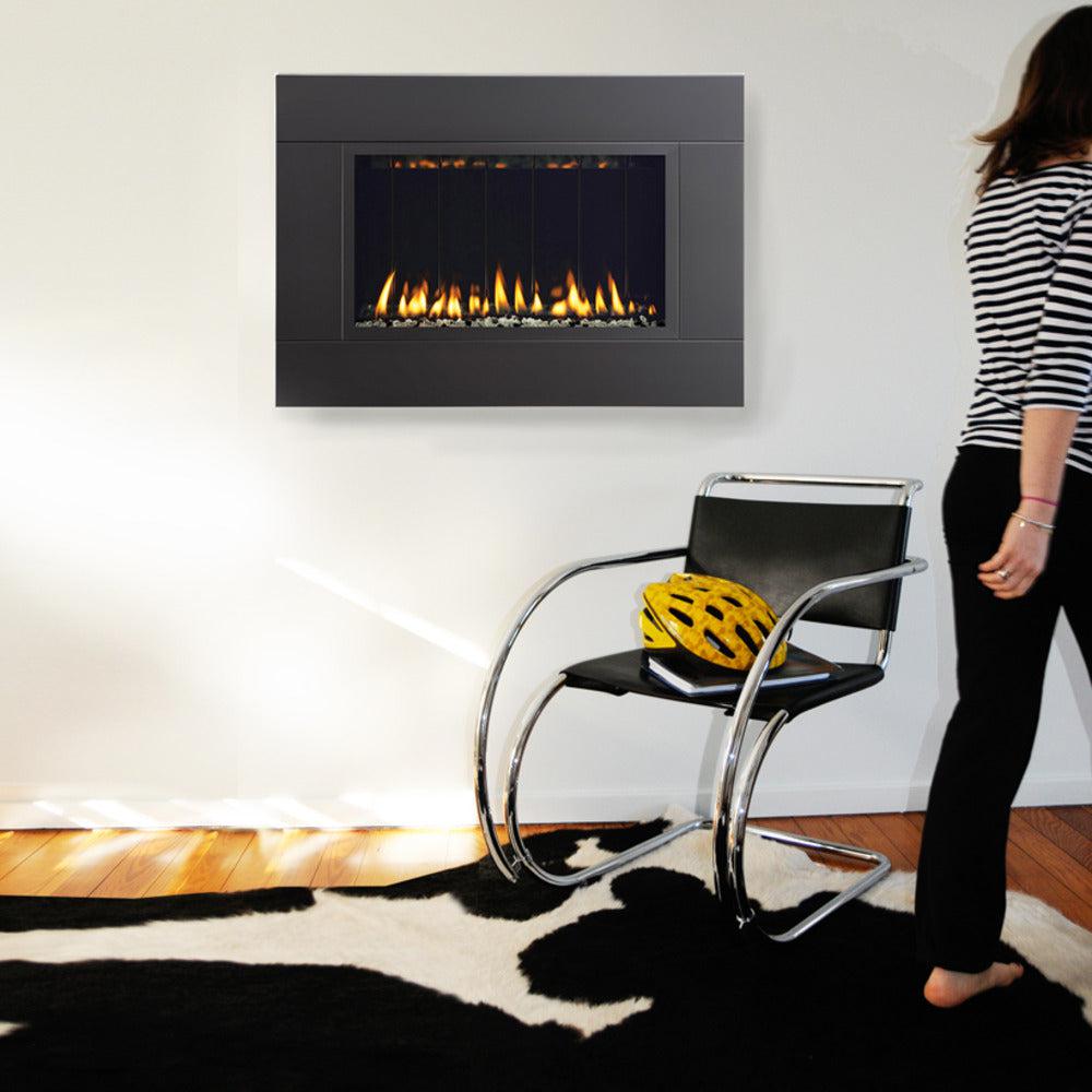 Spark Fireplaces Fire Ribbon 26" Satin Black Surround Vent Free Slim Natural Gas Fireplace with Safety Screen