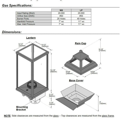 Tempest Torch 20K 18" Black Natural Gas Decorative Outdoor Lantern Head With Pillar Mount Assembly and Electronic Ignition