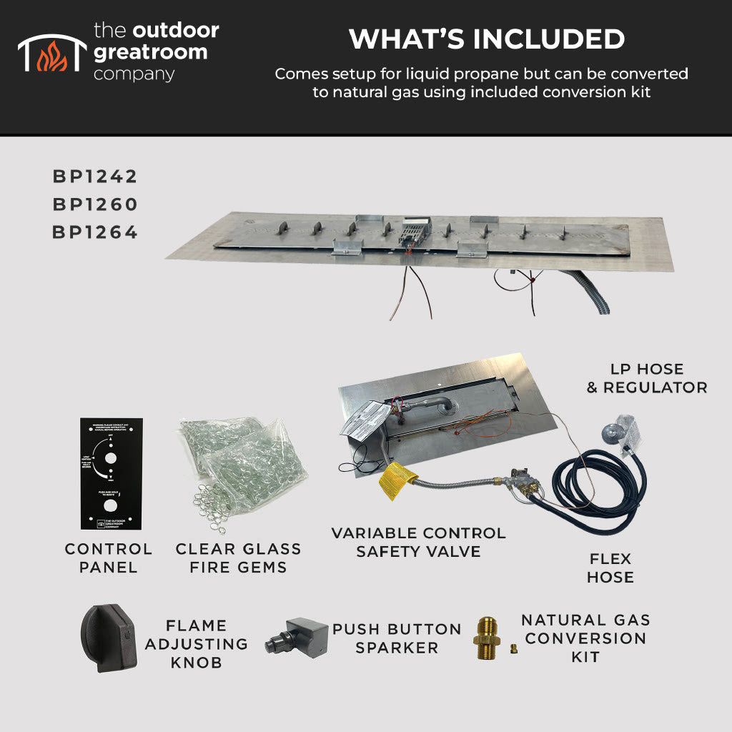 The Outdoor GreatRoom Company Crystal Fire Plus 13.5" x 120" Linear Direct Spark Natural Gas Burner Insert and Plate Kit