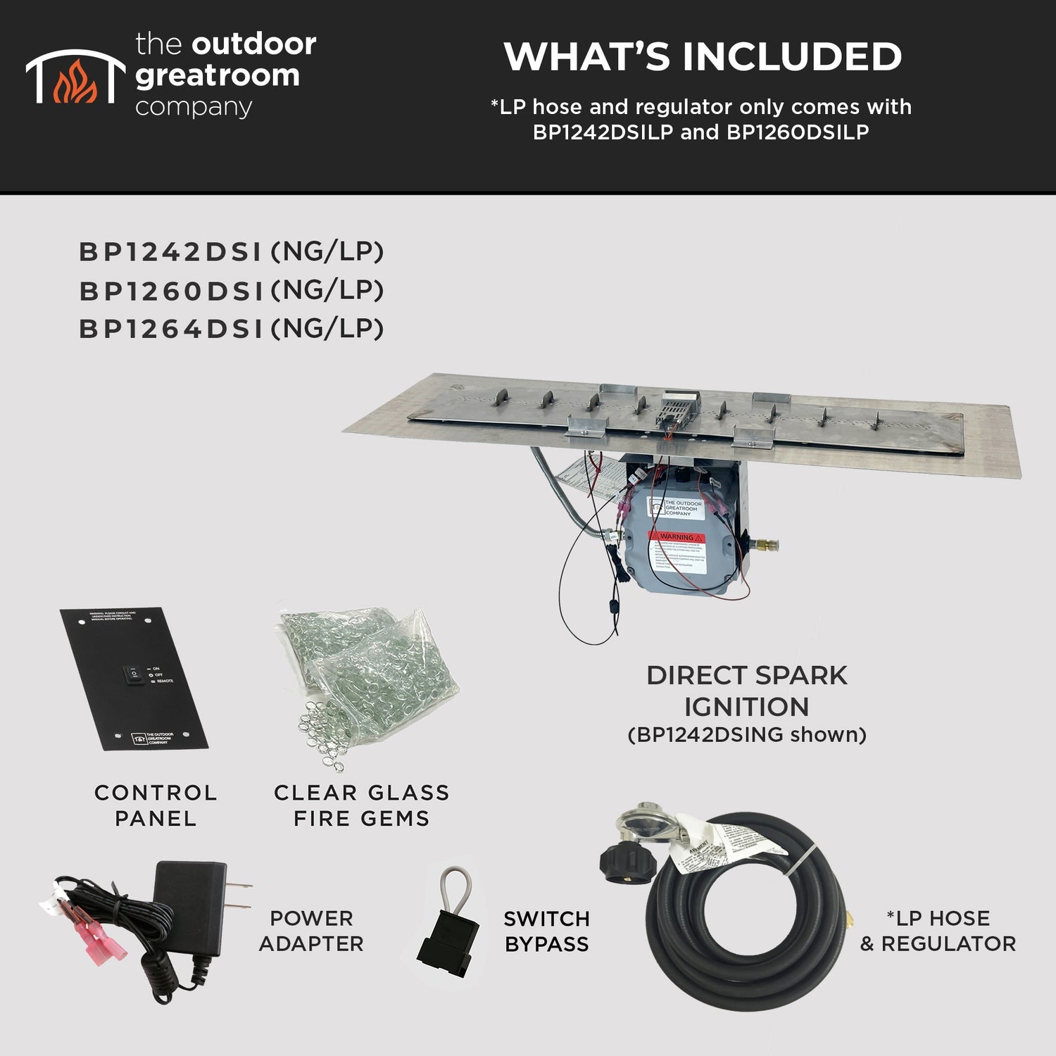 The Outdoor GreatRoom Company Crystal Fire Plus 13.5" x 120" Linear Direct Spark Natural Gas Burner Insert and Plate Kit