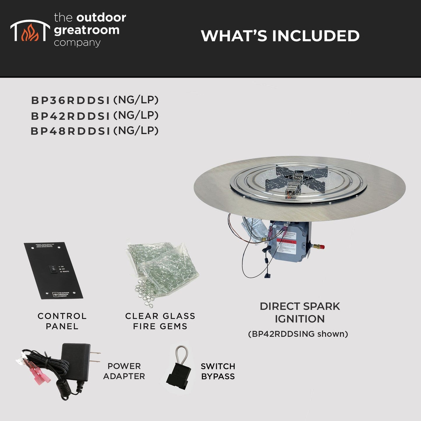 The Outdoor GreatRoom Company Crystal Fire Plus 20" Round Direct Spark LPG Gas Burner Insert and Plate Kit