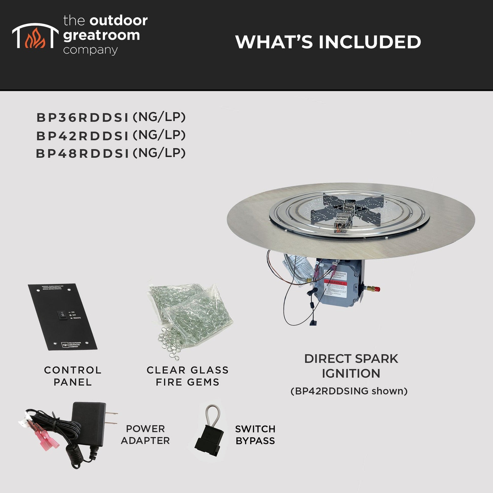 The Outdoor GreatRoom Company Crystal Fire Plus 20" Round Direct Spark LPG Gas Burner Insert and Plate Kit