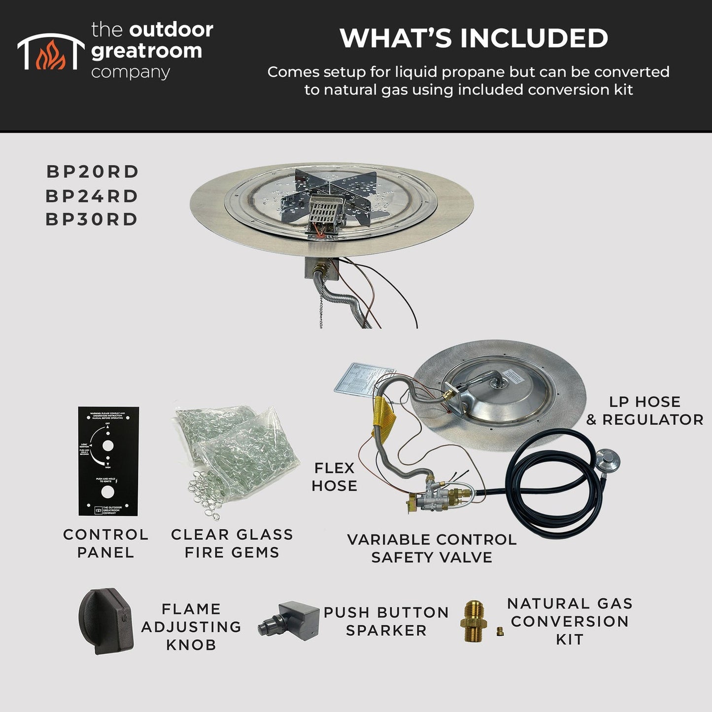 The Outdoor GreatRoom Company Crystal Fire Plus 20" Round Direct Spark LPG Gas Burner Insert and Plate Kit