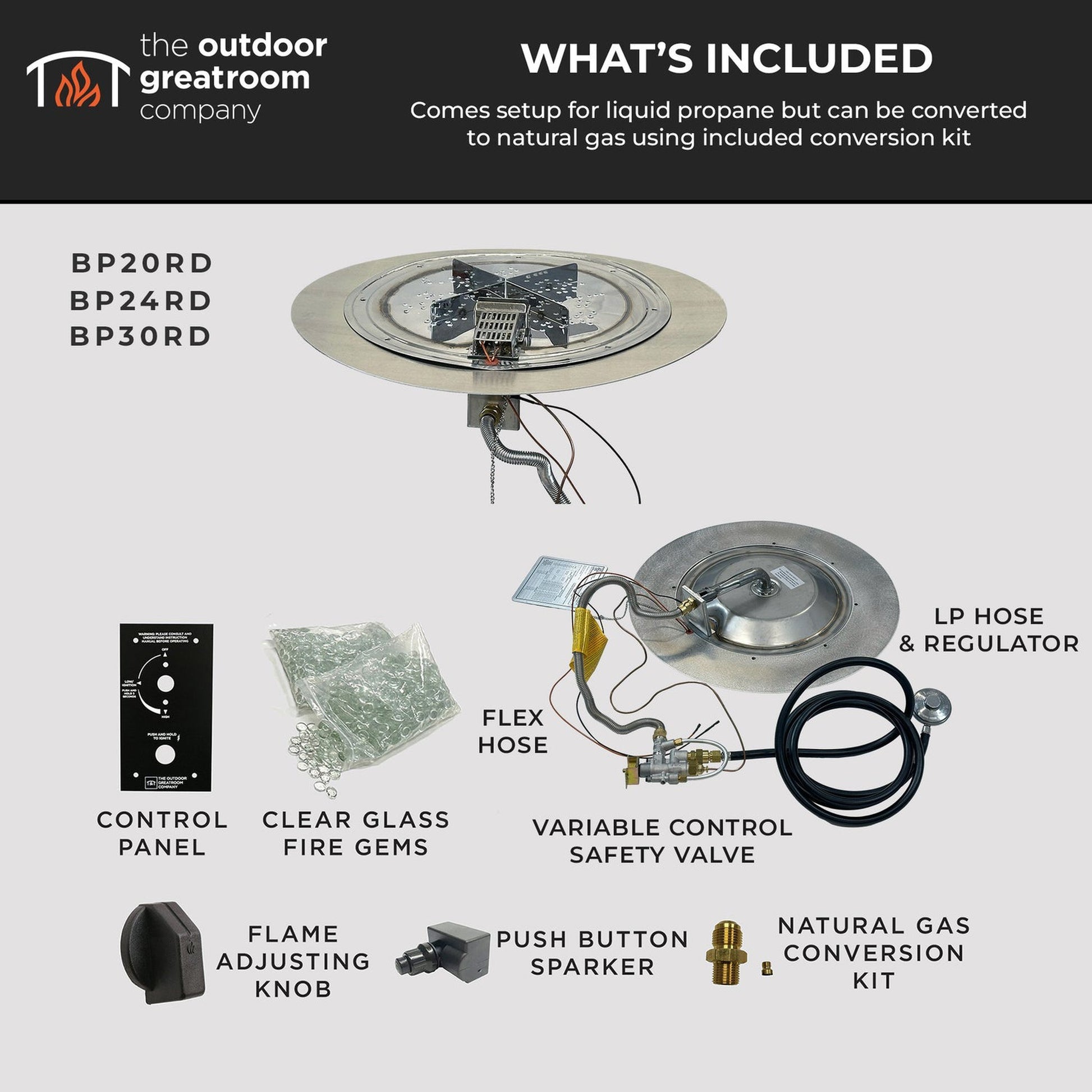 The Outdoor GreatRoom Company Crystal Fire Plus 20" Round Direct Spark LPG Gas Burner Insert and Plate Kit