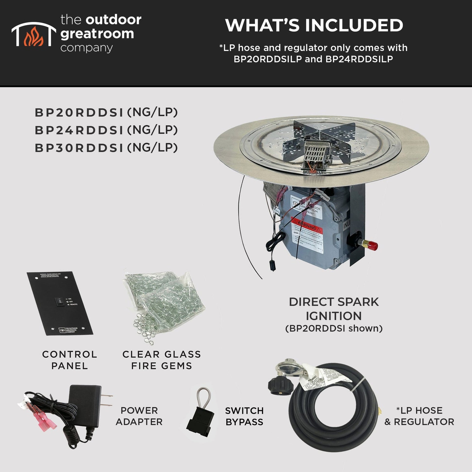 The Outdoor GreatRoom Company Crystal Fire Plus 20" Round Direct Spark LPG Gas Burner Insert and Plate Kit