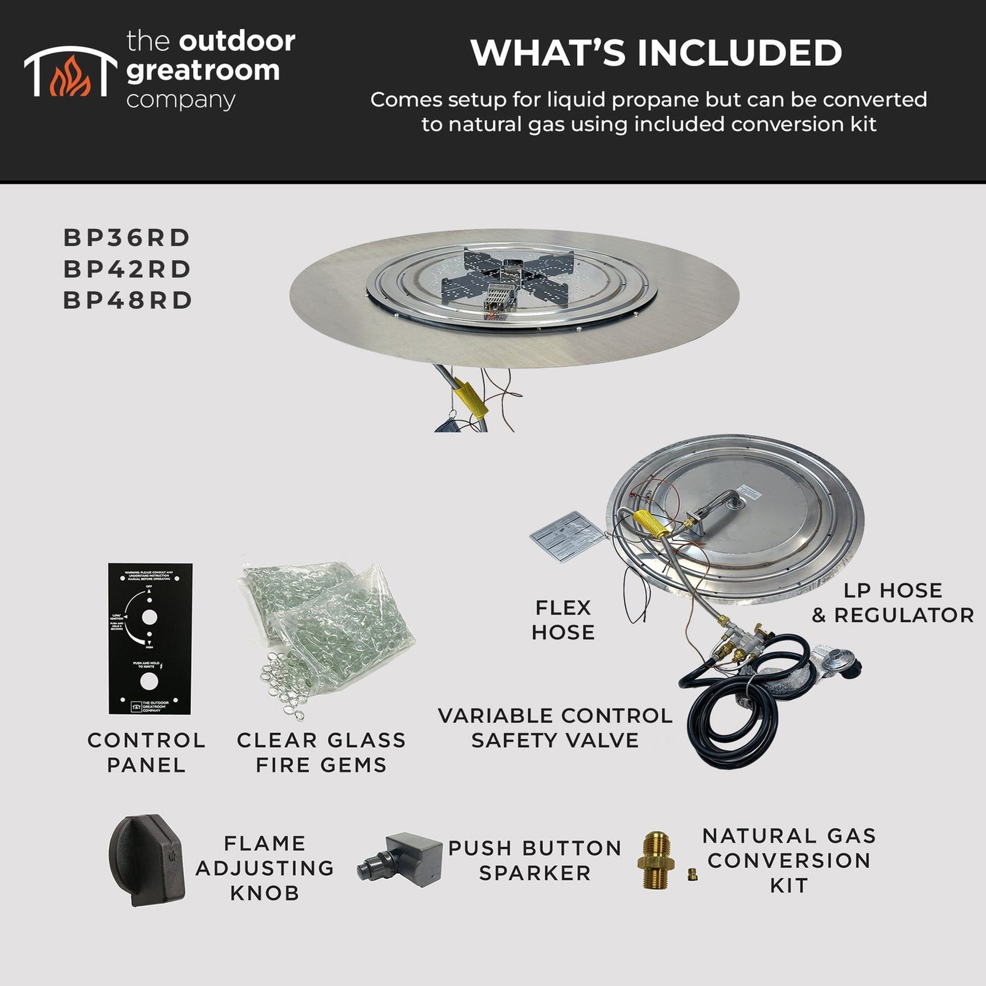 The Outdoor GreatRoom Company Crystal Fire Plus 20" Round Direct Spark LPG Gas Burner Insert and Plate Kit