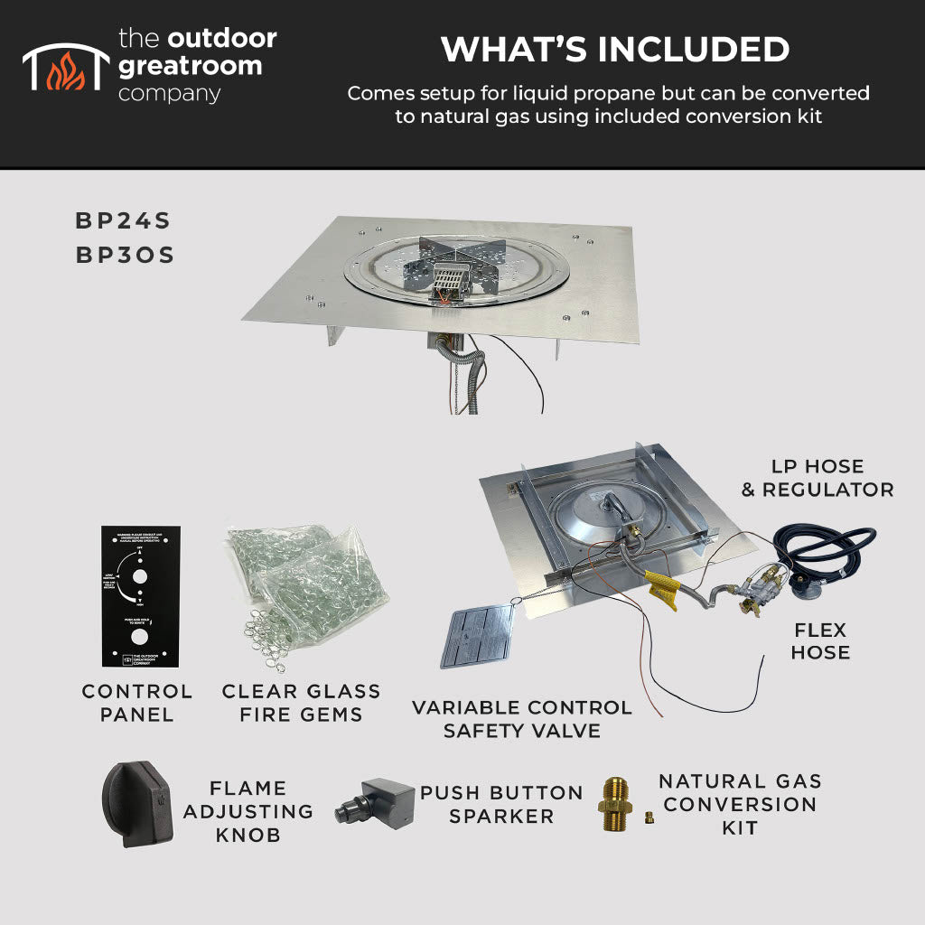 The Outdoor GreatRoom Company Crystal Fire Plus 24" x 24" Square Direct Spark LPG Gas Burner Insert and Plate Kit