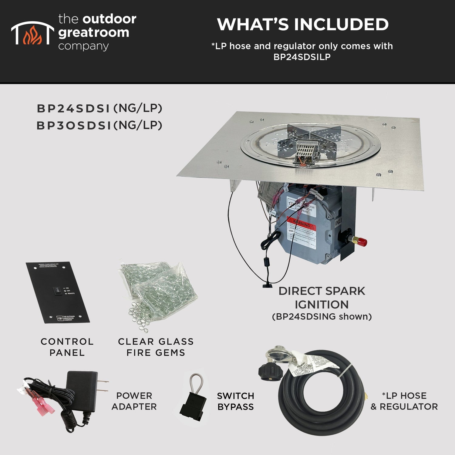 The Outdoor GreatRoom Company Crystal Fire Plus 24" x 24" Square Direct Spark LPG Gas Burner Insert and Plate Kit