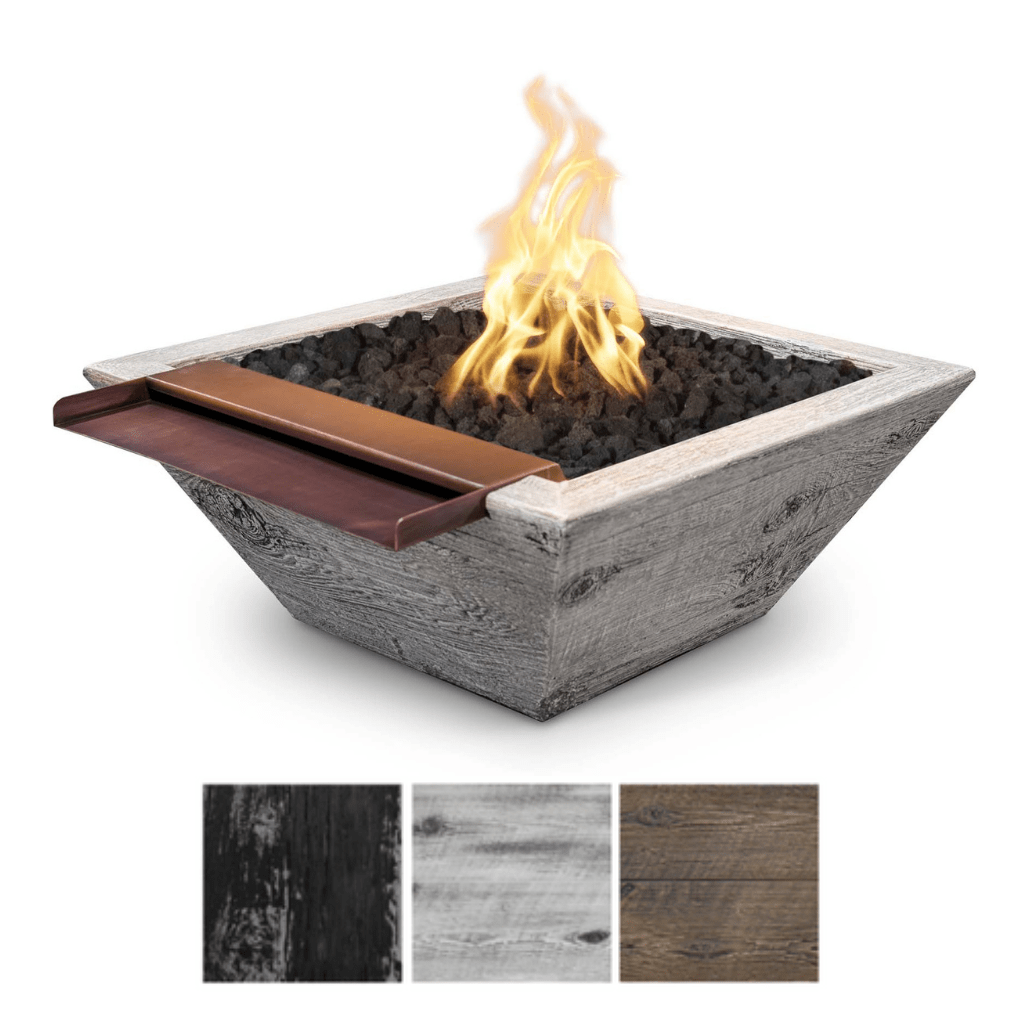 The Outdoor Plus 30" Maya GFRC Wood Grain Concrete Square Fire & Wide Spill Water Bowl