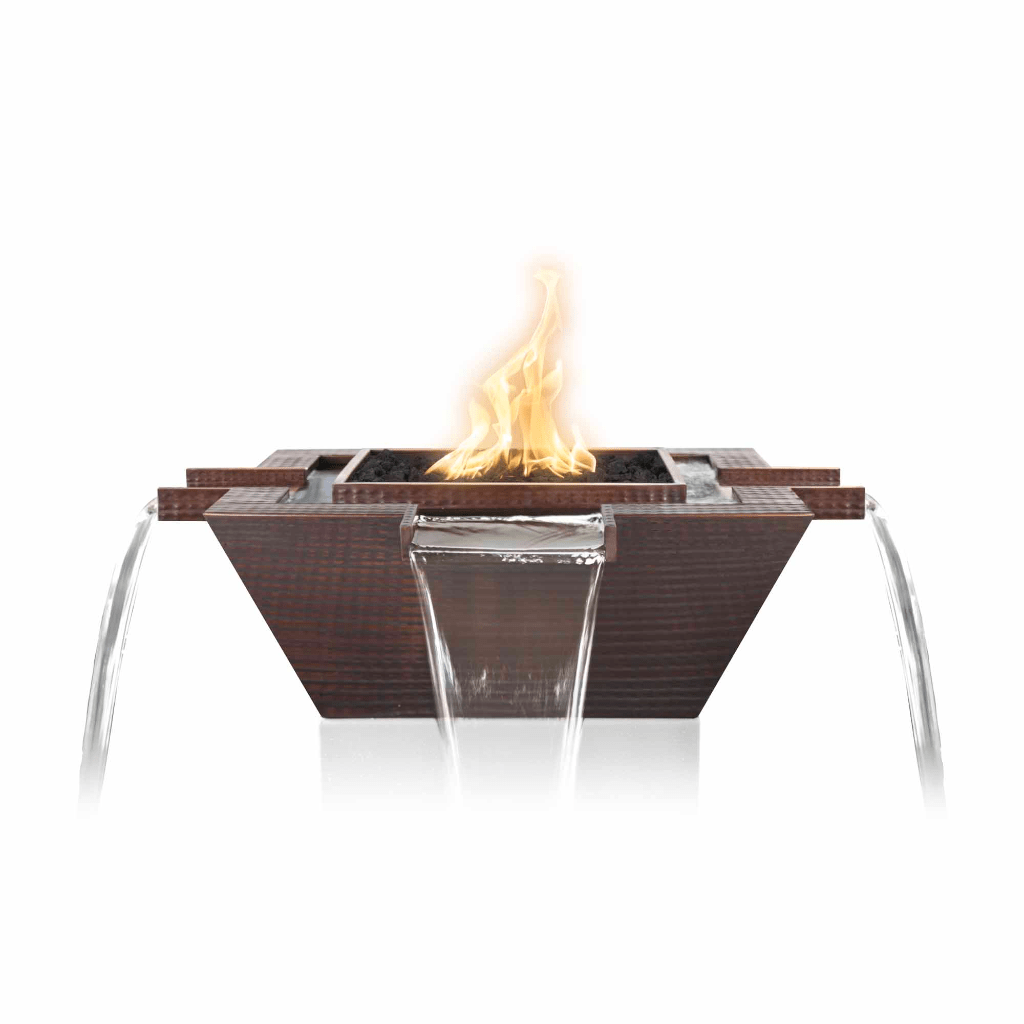 The Outdoor Plus 30" Maya Hammered Copper 4-Way Spillway Square Fire & Water Bowl