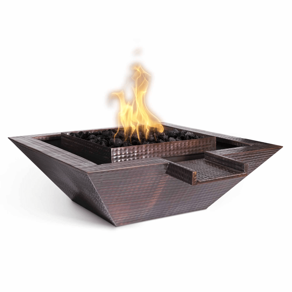 The Outdoor Plus 30" Maya Hammered Copper Gravity Spill Square Fire & Water Bowl