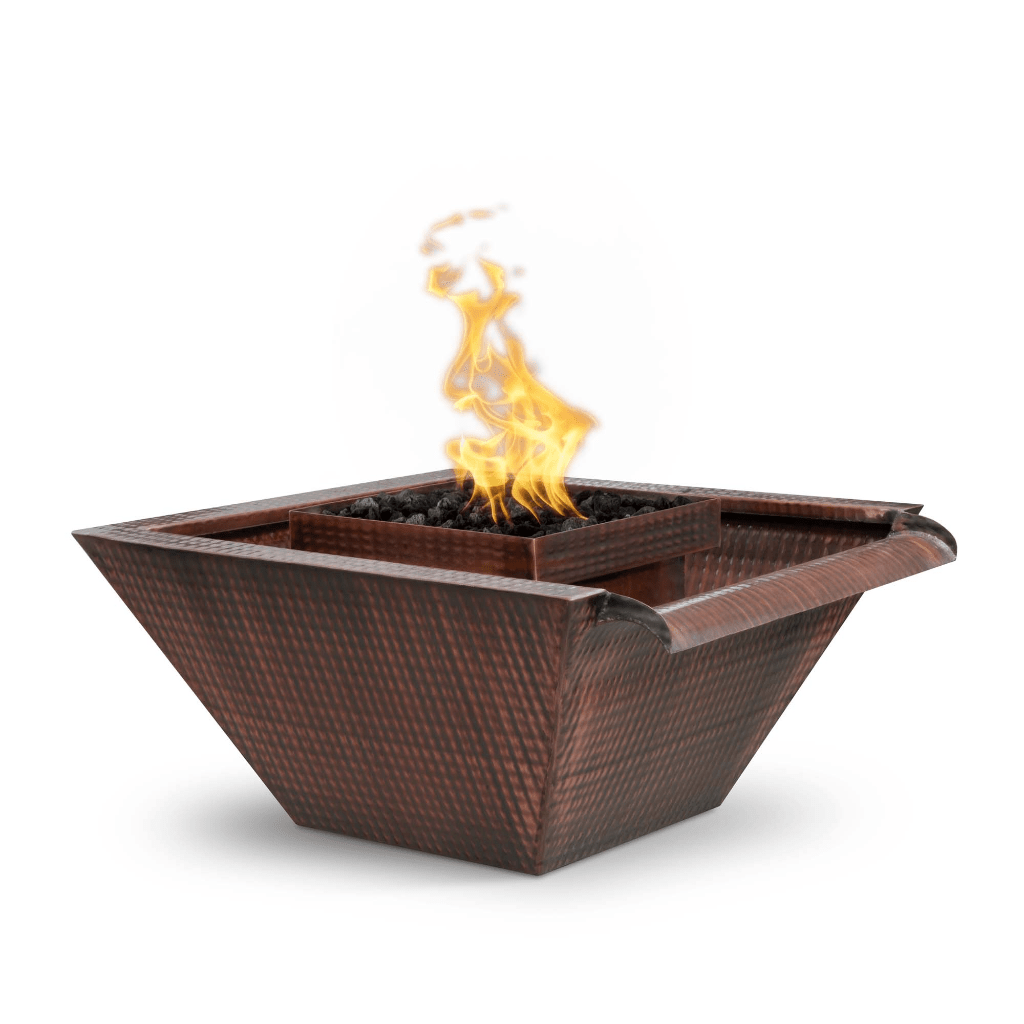 The Outdoor Plus 30" Maya Hammered Copper Wide Gravity Spill Square Fire & Water Bowl