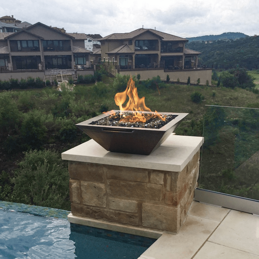 The Outdoor Plus 36" Maya Hammered Copper Square Fire & Water Bowl
