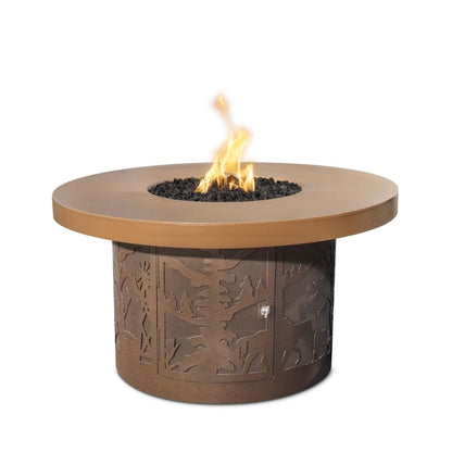 The Outdoor Plus 46" Outback Cattle Ranch GFRC Metallic/Rustic Top and Powdered Steel Base Round Liquid Propane Fire Table - 110V Electronic
