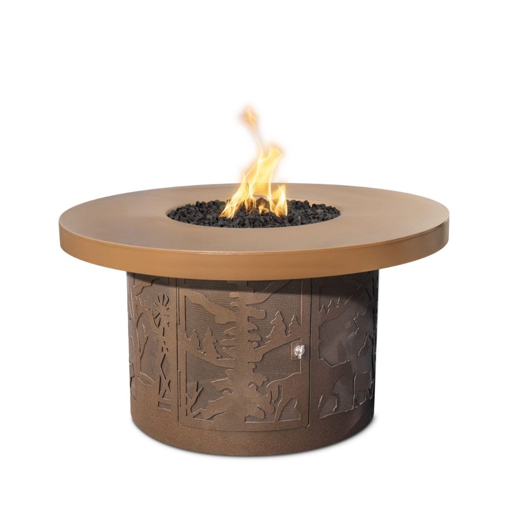 The Outdoor Plus 46" Outback Cattle Ranch GFRC Metallic/Rustic Top and Powdered Steel Base Round Liquid Propane Fire Table - 12V Electronic
