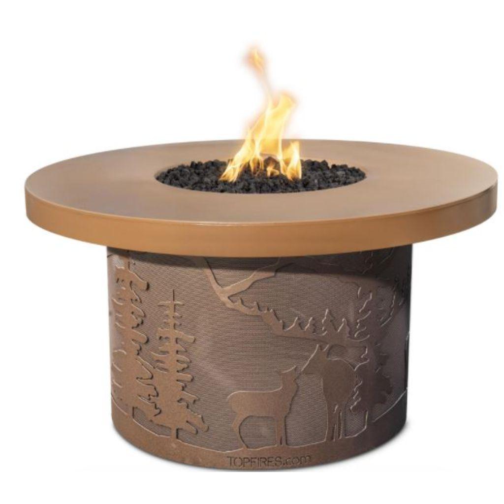The Outdoor Plus 46" Outback Deer Country GFRC Metallic/Rustic Top and Powdered Steel Base Round Liquid Propane Fire Table - Flame Sense with Spark