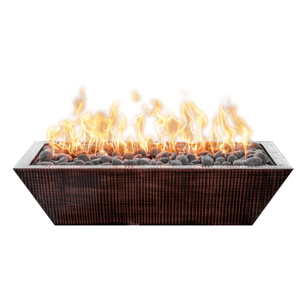 The Outdoor Plus 48" Linear Maya Hammered Copper Rectangle Fire Bowl