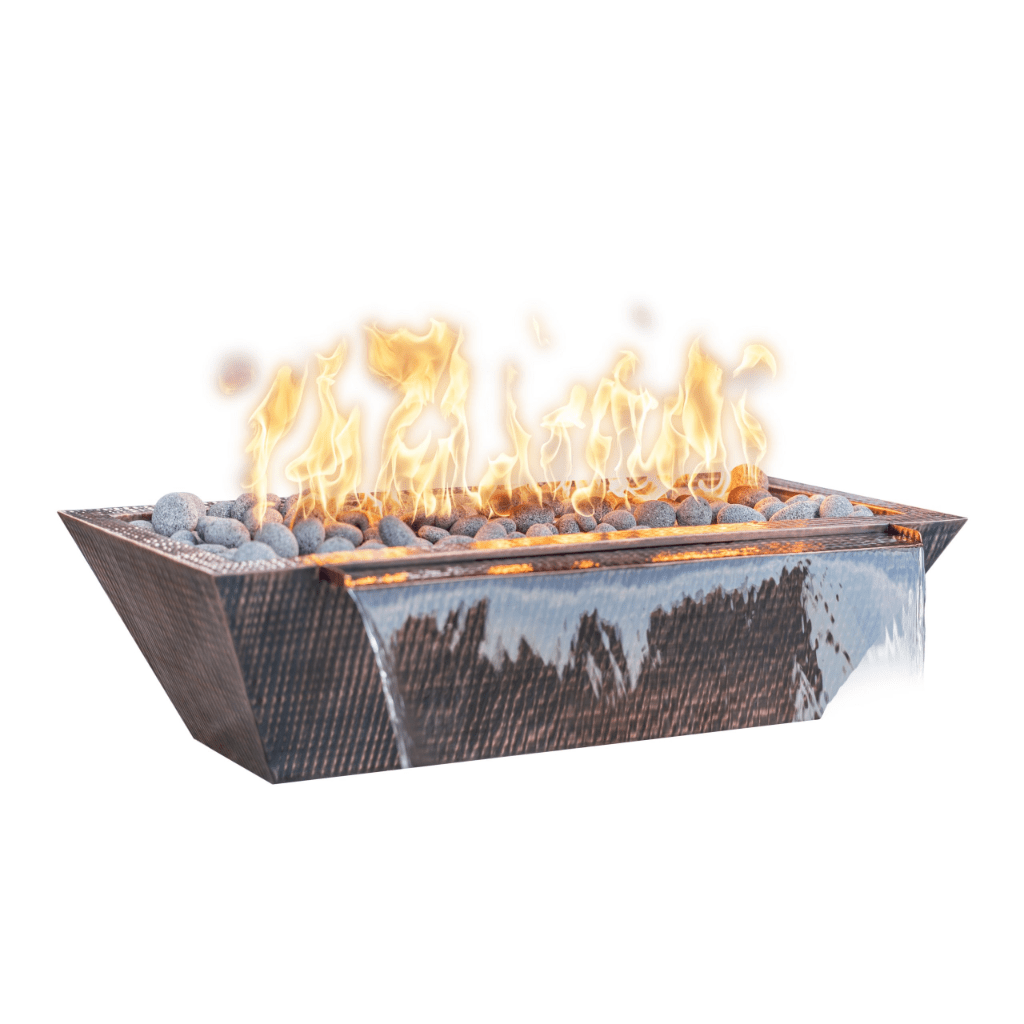 The Outdoor Plus 48" Linear Maya Hammered Copper Rectangle Fire & Water Bowl
