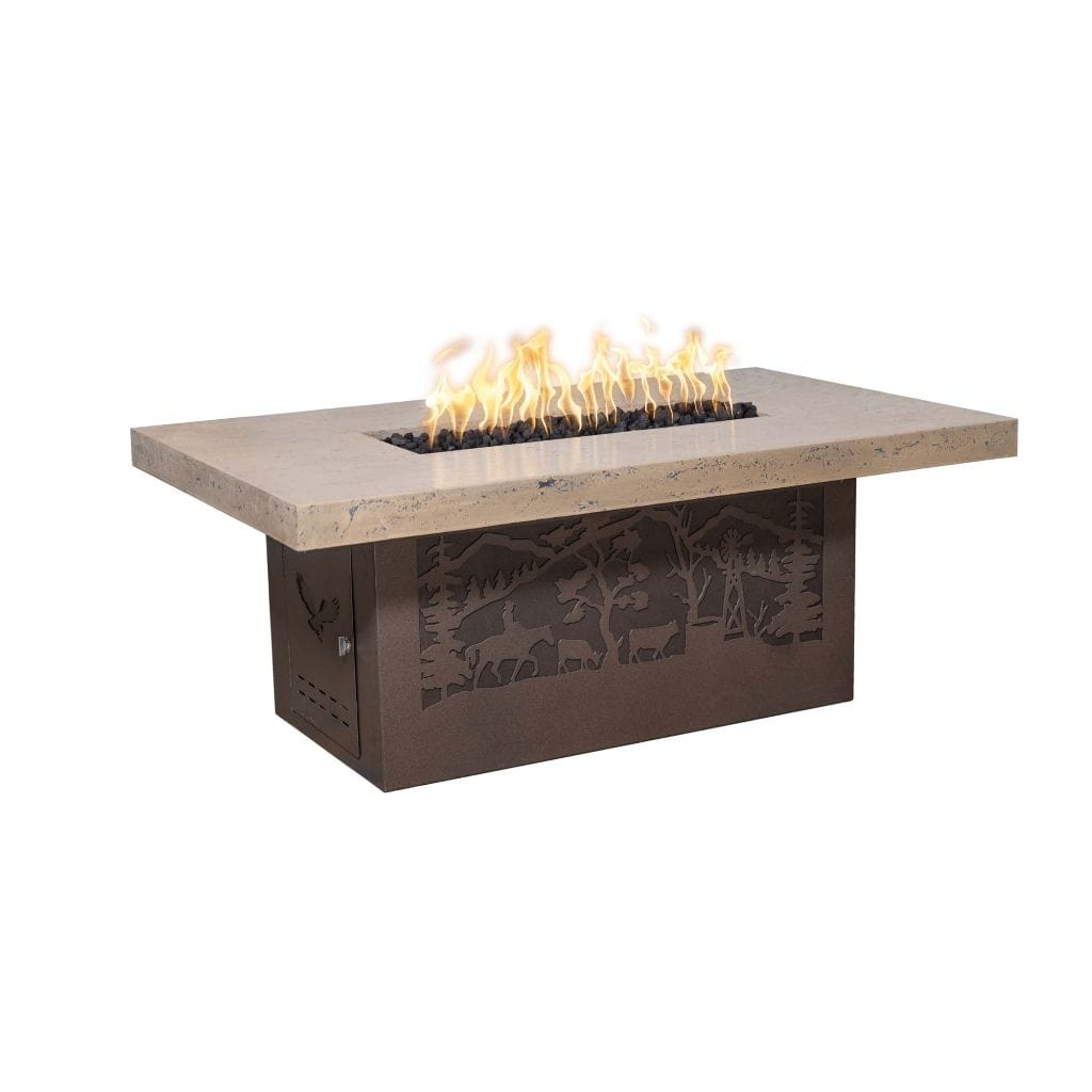 The Outdoor Plus 60" Outback Cattle Ranch GFRC Metallic/Rustic Top and Powdered Steel Base Rectangle Liquid Propane Fire Table - 110V Electronic