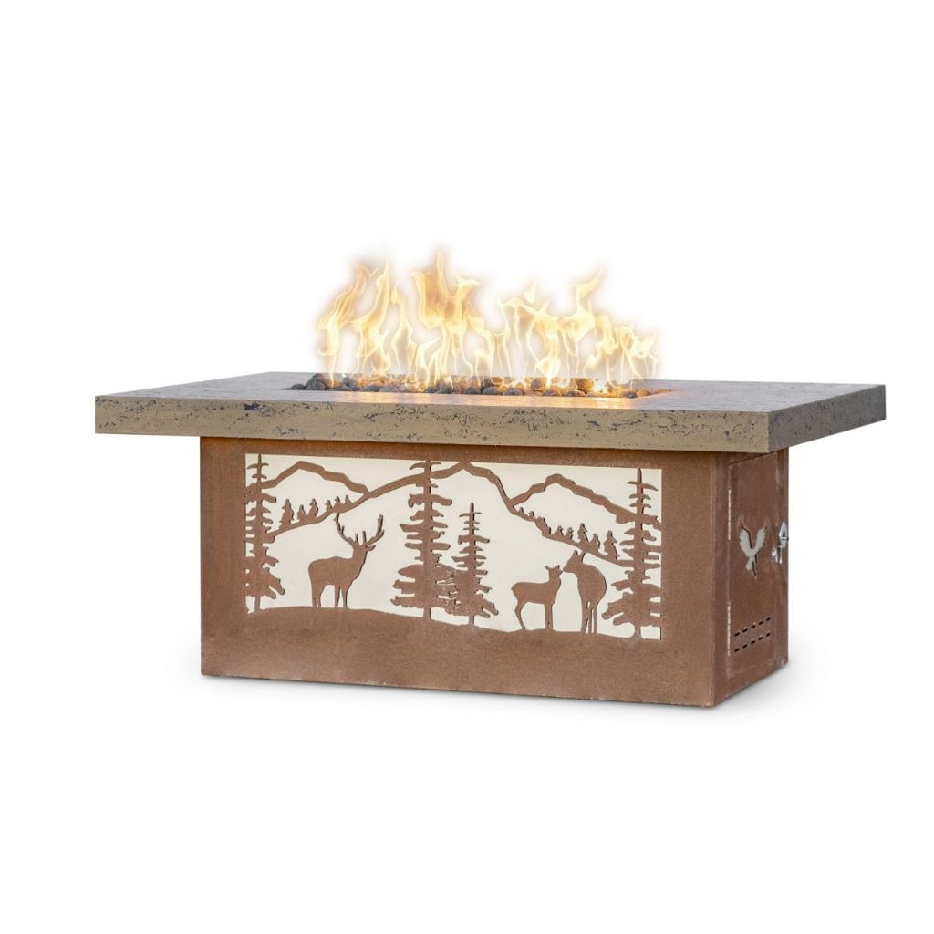 The Outdoor Plus 60" Outback Deer Country GFRC Metallic/Rustic Top and Powdered Steel Base Rectangle Natural Gas Fire Table - Match Lit