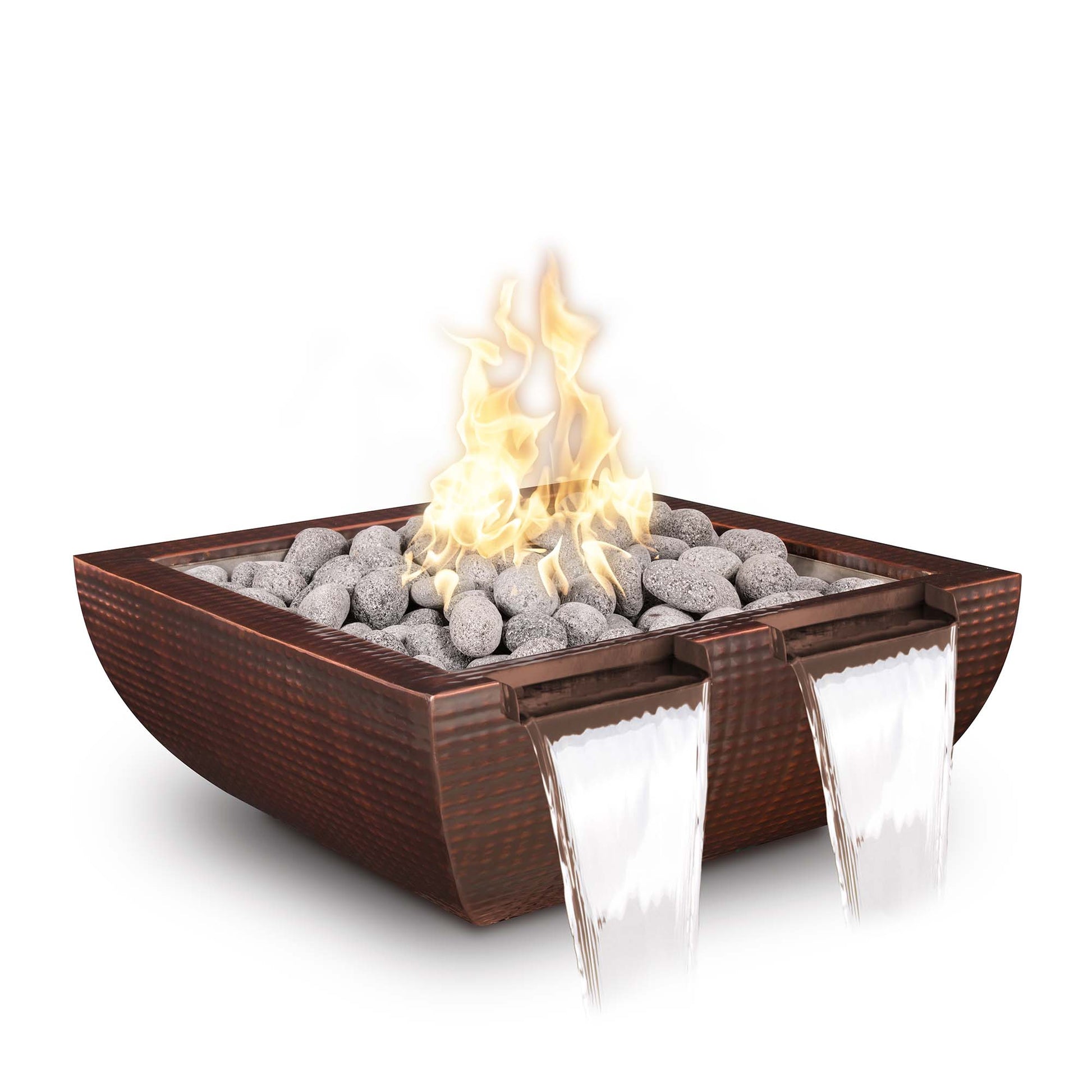 The Outdoor Plus Avalon Twin Spill 24" Black Powder Coated Metal Liquid Propane Fire & Water Bowl with Match Lit with Flame Sense Ignition