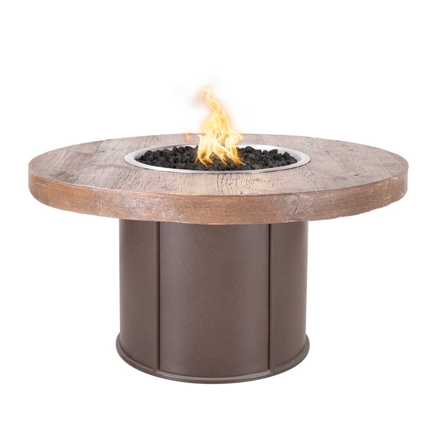 The Outdoor Plus Fresno 60" Ebony Concrete Top & Java Powder Coat Base Wood Grain GFRC Liquid Propane Fire Table with Flame Sense with Spark Ignition